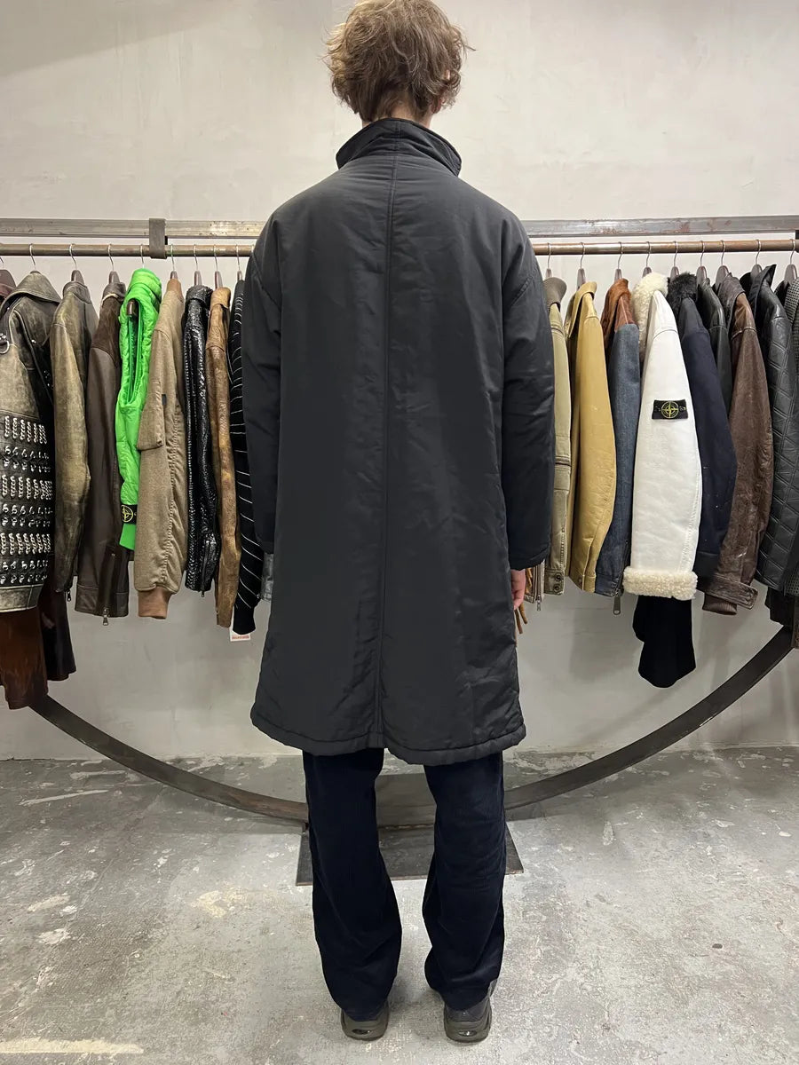 1990s Armani Asymmetrical Metal Buttons Black Nylon Trench Coat xADRVum 4