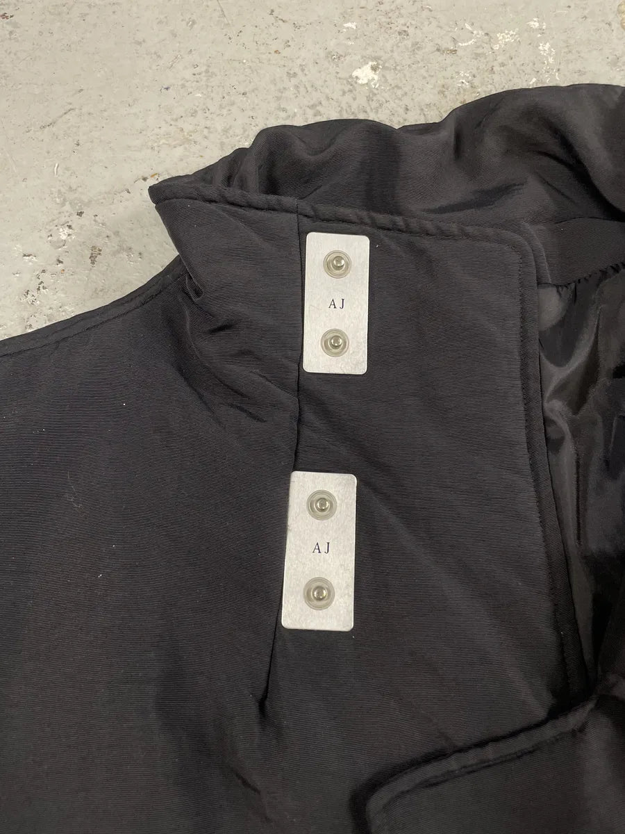 1990s Armani Asymmetrical Metal Buttons Black Nylon Trench Coat xADRVum 6