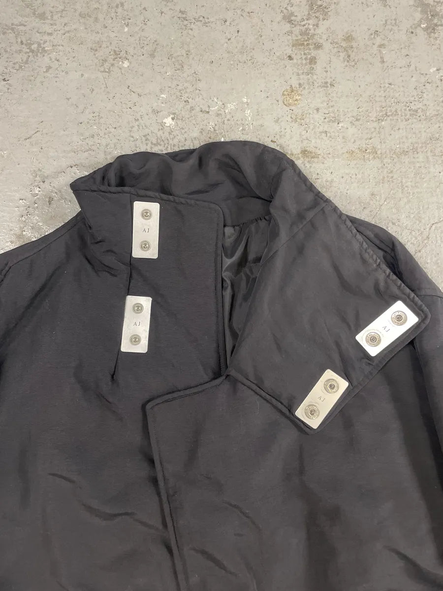 1990s Armani Asymmetrical Metal Buttons Black Nylon Trench Coat xADRVum 7