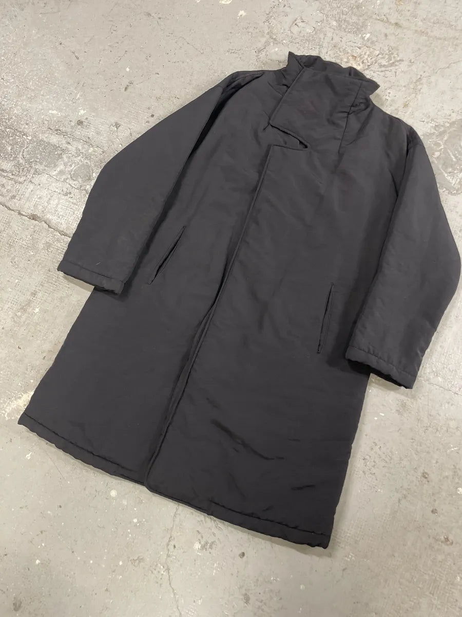 1990s Armani Asymmetrical Metal Buttons Black Nylon Trench Coat xADRVum 8