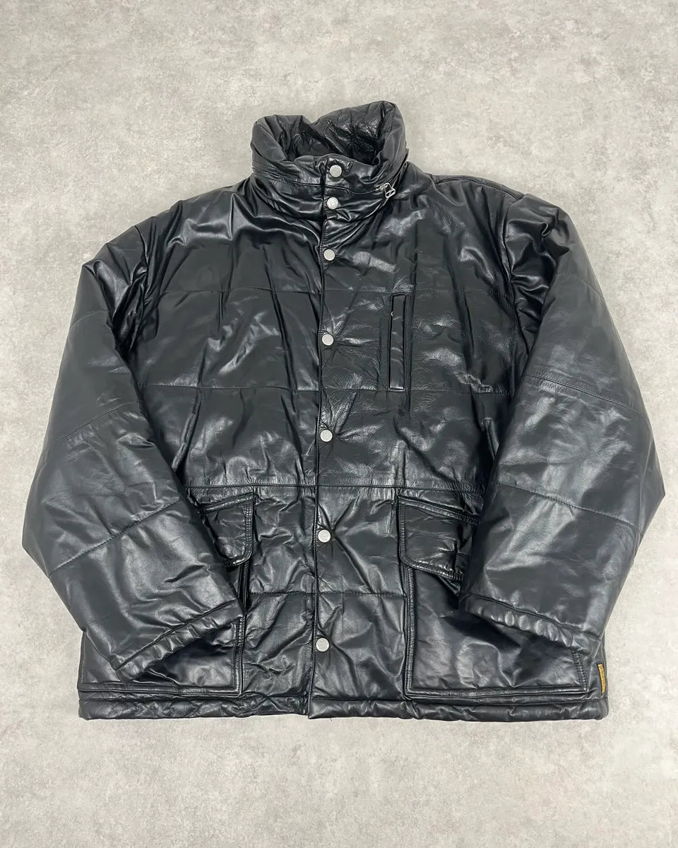 1990s Armani Black Leather Puffer Jacket yZOCswH 2