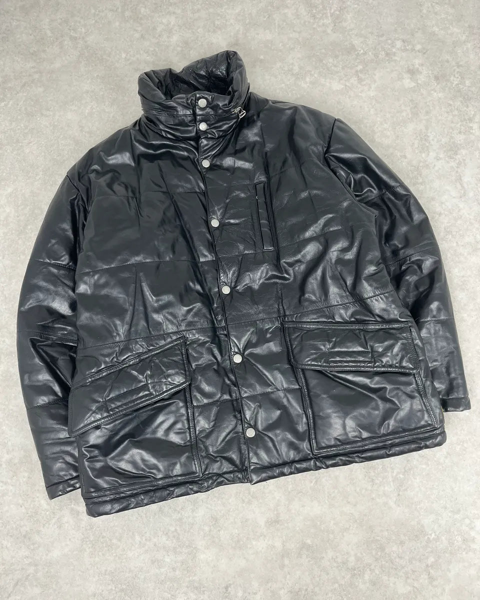 1990s Armani Black Leather Puffer Jacket yZOCswH 3