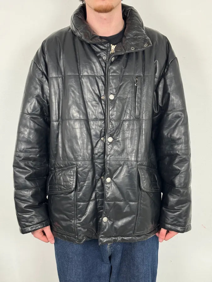 1990s Armani Black Leather Puffer Jacket yZOCswH 0
