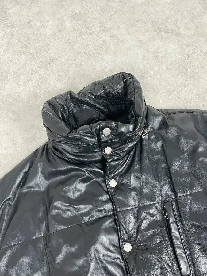 1990s Armani Black Leather Puffer Jacket yZOCswH 4
