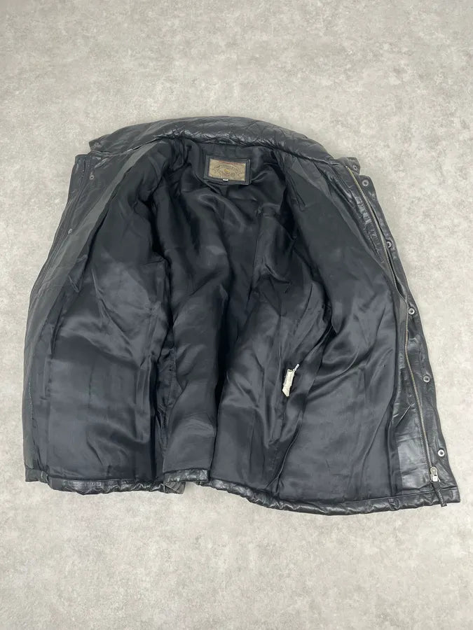 1990s Armani Black Leather Puffer Jacket yZOCswH 8