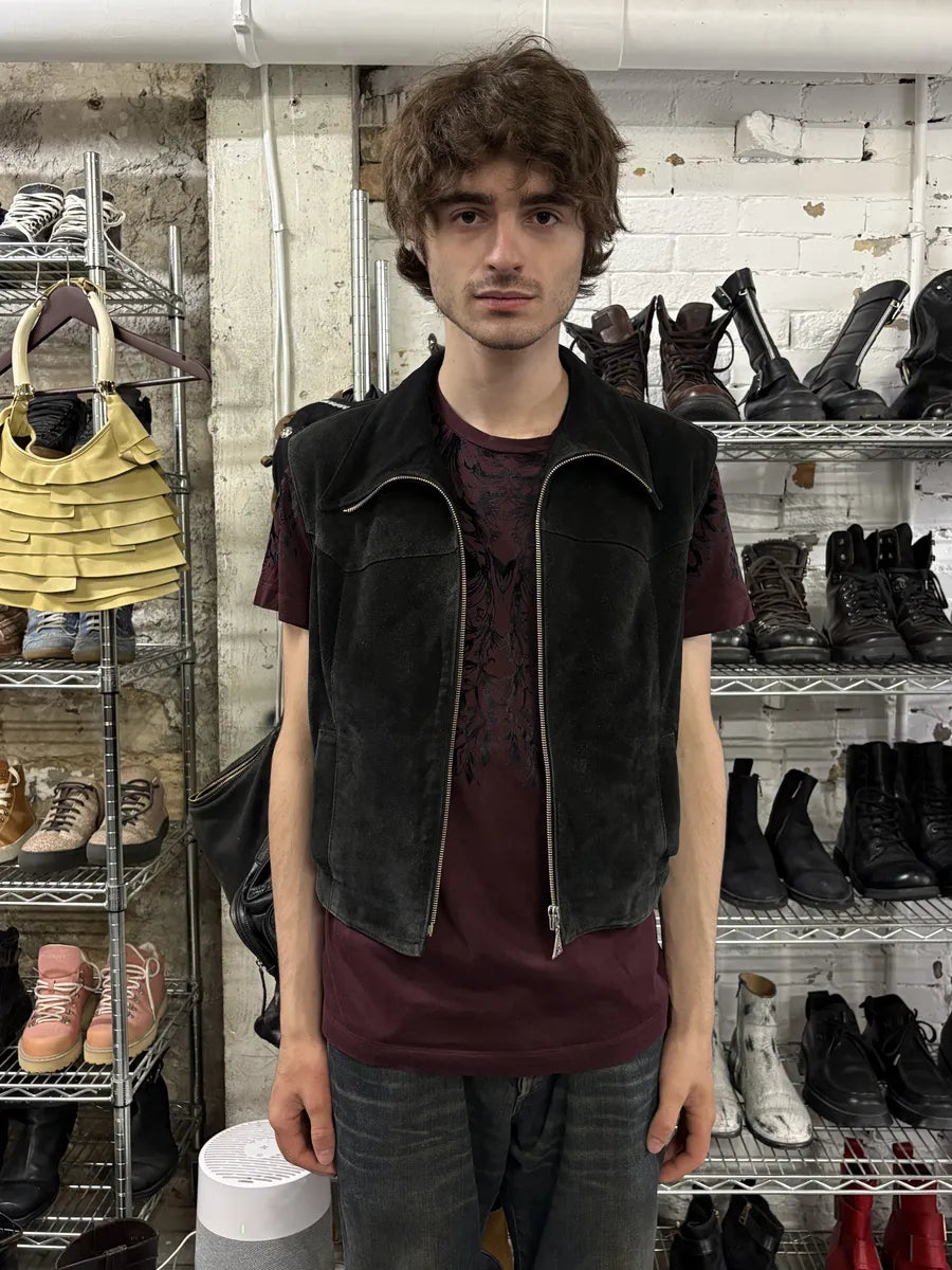1990s Armani Black Suede Leather Premium Vest (S/M) wQqailL 1