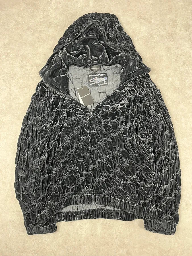 2010s Emporio Armani Black Wool Relief Hooded Jacket WtRUDml 7