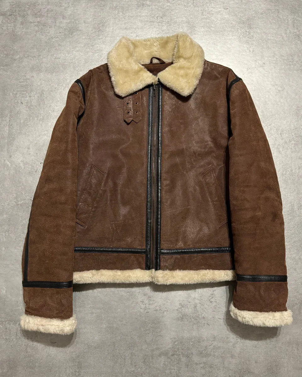 1990s Armani Brown Grained Shearling Leather Jacket LASdGtq 0