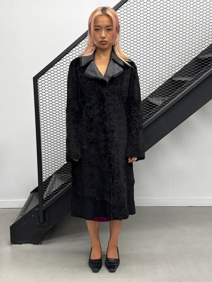 2000s Armani Collezioni Brown Leather Fur Textured Long Coat PXBBPRK 0