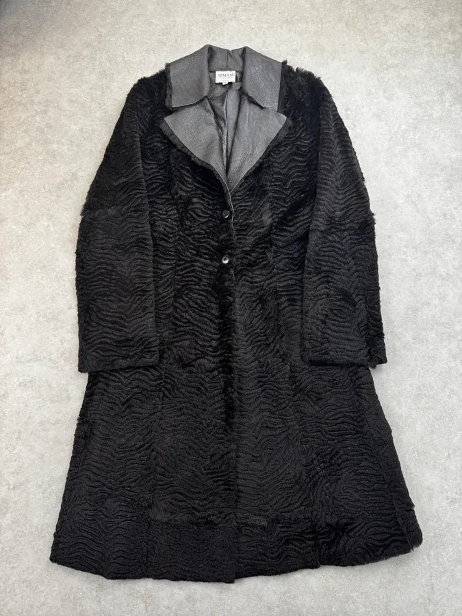 2000s Armani Collezioni Brown Leather Fur Textured Long Coat PXBBPRK 2