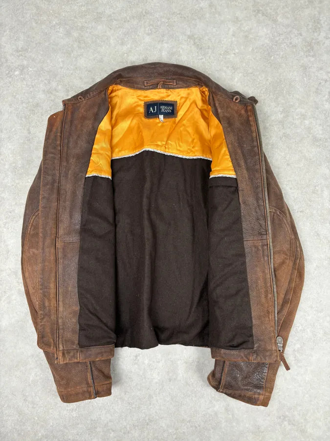 2000s Armani Biker Brown Faded Leather Jacket  uwEWCtr 6