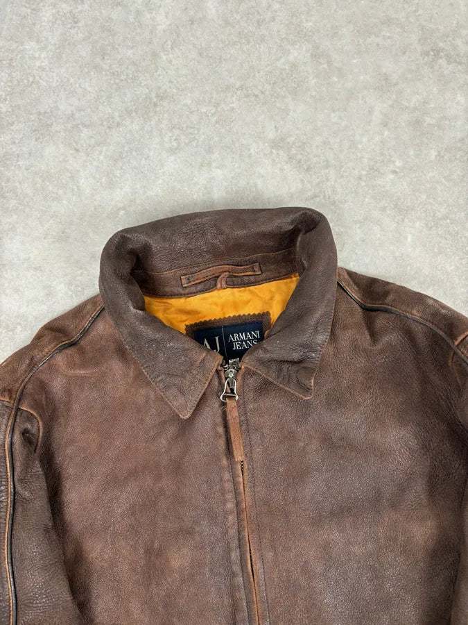 2000s Armani Biker Brown Faded Leather Jacket  uwEWCtr 3