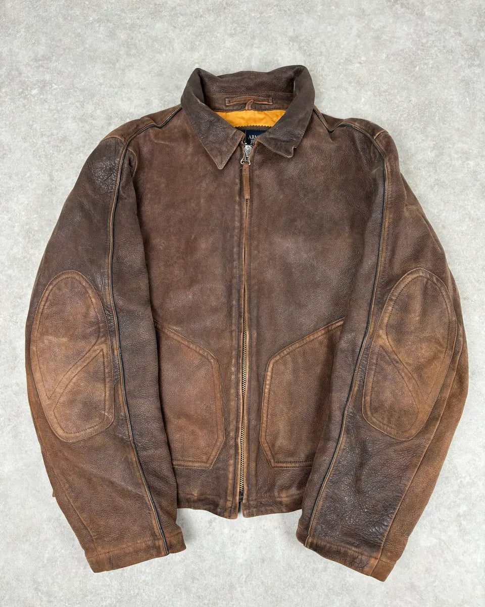 2000s Armani Biker Brown Faded Leather Jacket  uwEWCtr 0