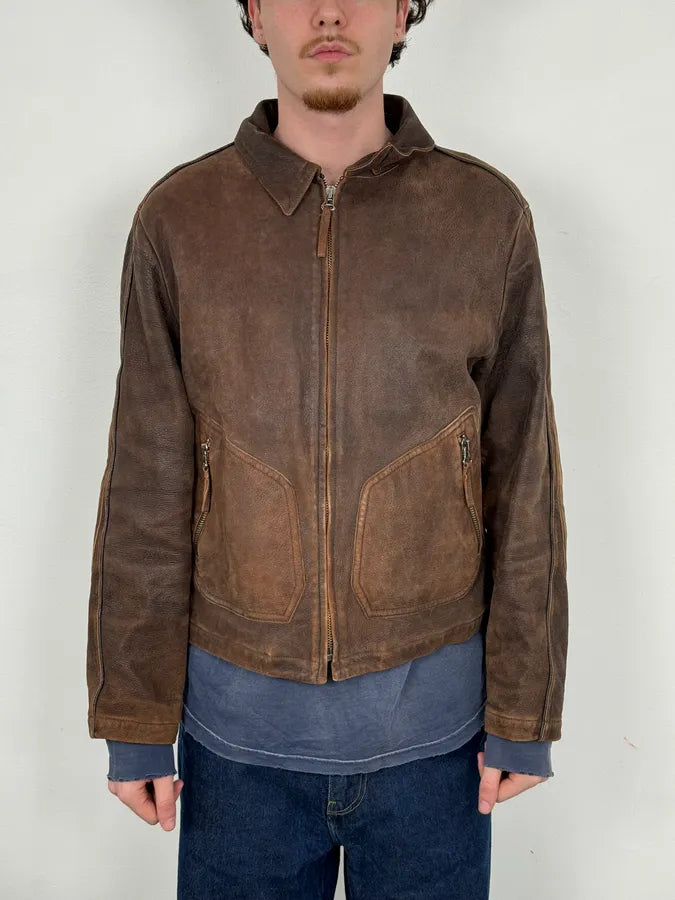 2000s Armani Biker Brown Faded Leather Jacket  uwEWCtr 1