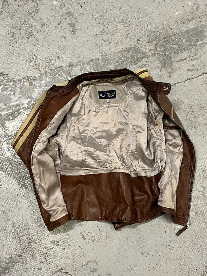 1990s Armani Jeans Cognac Biker Contrast Stripe Leather Jacket  zxzbohX 8