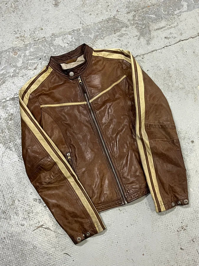 1990s Armani Jeans Cognac Biker Contrast Stripe Leather Jacket  zxzbohX 3