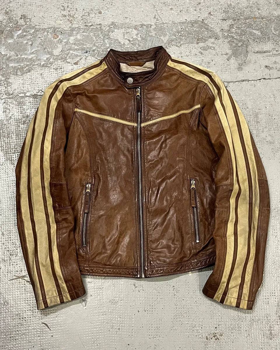 1990s Armani Jeans Cognac Biker Contrast Stripe Leather Jacket  zxzbohX 0