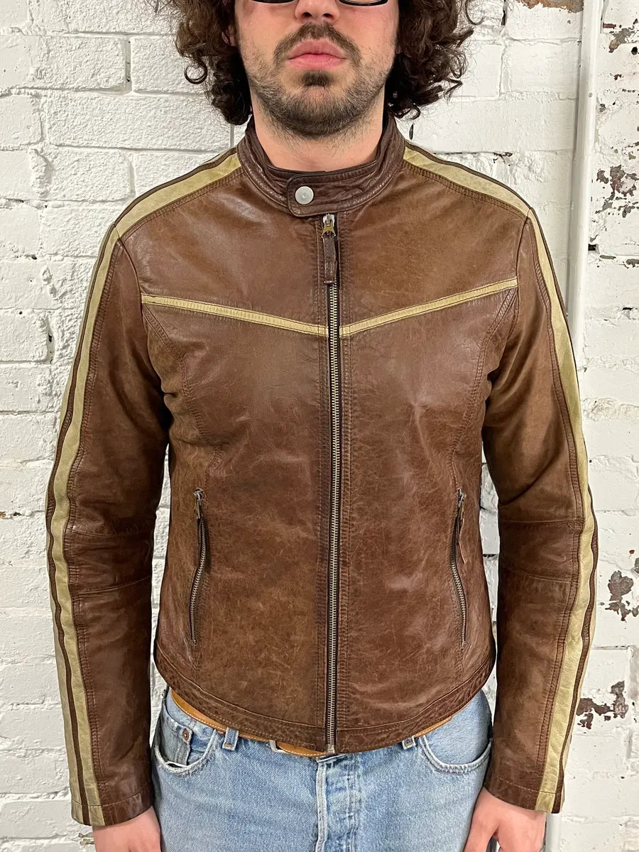 1990s Armani Jeans Cognac Biker Contrast Stripe Leather Jacket  zxzbohX 1