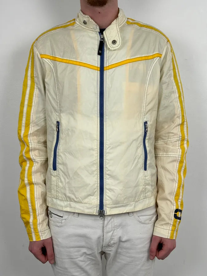 2000s Armani Cream Nylon Yellow Stripe Windbreaker Jacket AwdEaNp 1