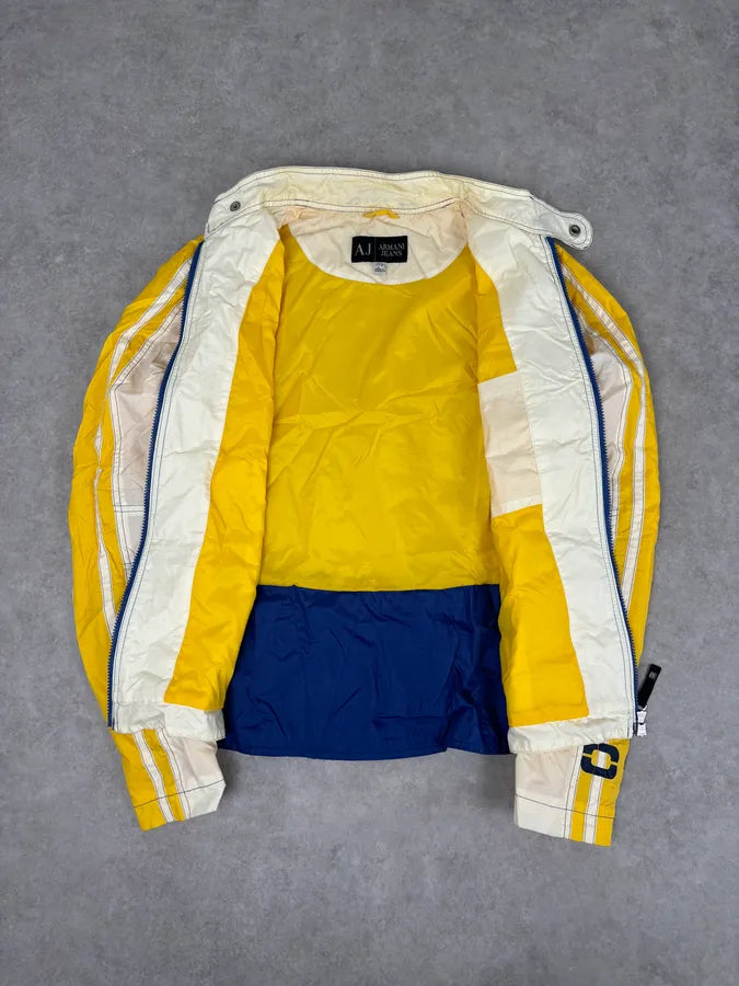 2000s Armani Cream Nylon Yellow Stripe Windbreaker Jacket AwdEaNp 6