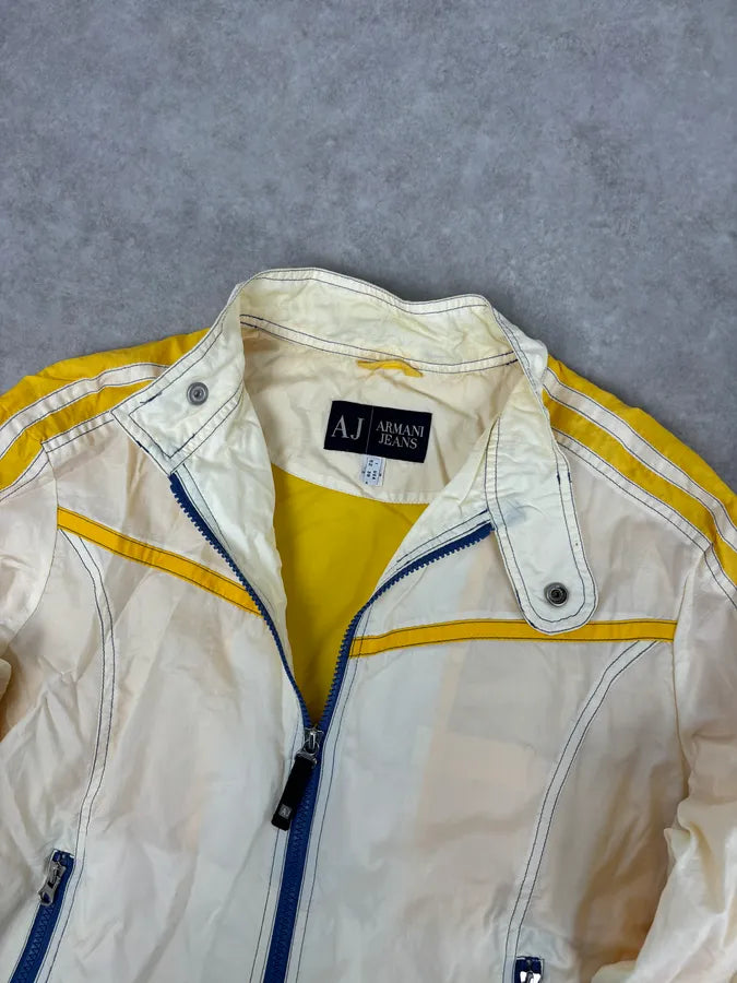 2000s Armani Cream Nylon Yellow Stripe Windbreaker Jacket AwdEaNp 7