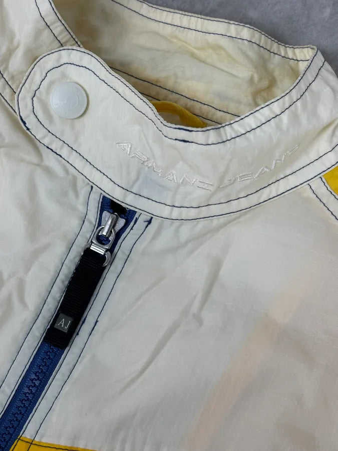 2000s Armani Cream Nylon Yellow Stripe Windbreaker Jacket AwdEaNp 9