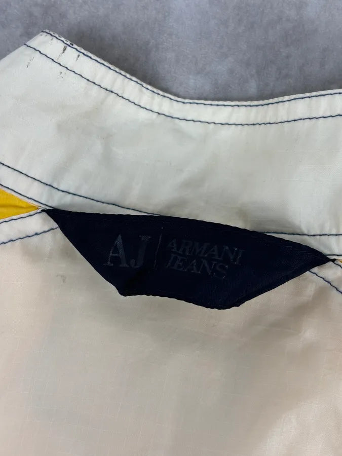 2000s Armani Cream Nylon Yellow Stripe Windbreaker Jacket AwdEaNp 12