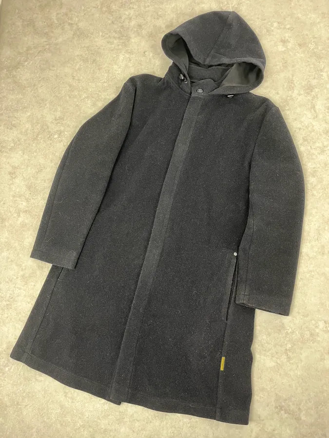 1990s Armani Navy Wool Hooded Trench Coat XwNXBcQ 4