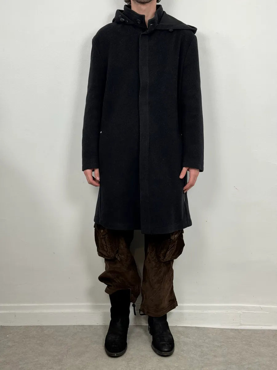 1990s Armani Navy Wool Hooded Trench Coat XwNXBcQ 0