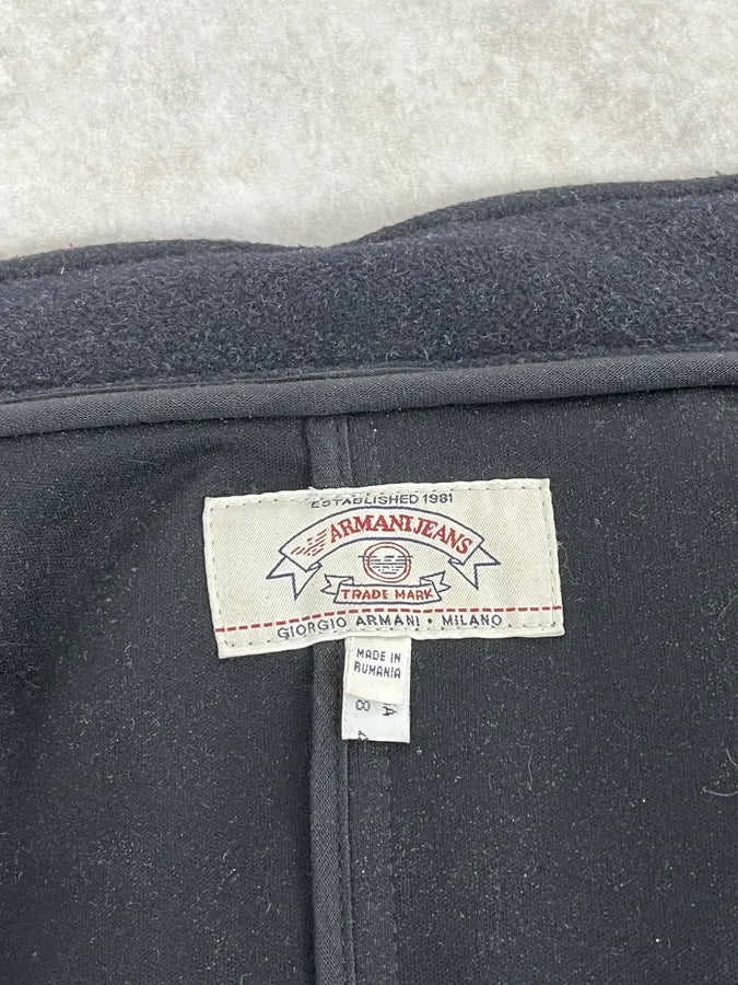 1990s Armani Navy Wool Hooded Trench Coat XwNXBcQ 11