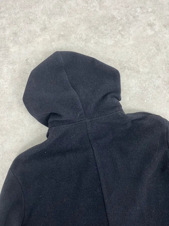 1990s Armani Navy Wool Hooded Trench Coat XwNXBcQ 7