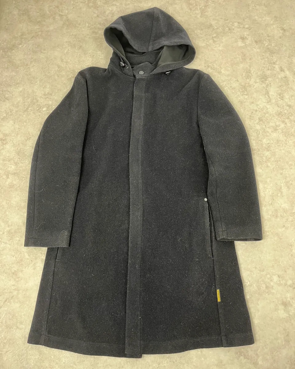 1990s Armani Navy Wool Hooded Trench Coat XwNXBcQ 2