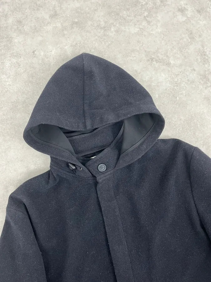 1990s Armani Navy Wool Hooded Trench Coat XwNXBcQ 3