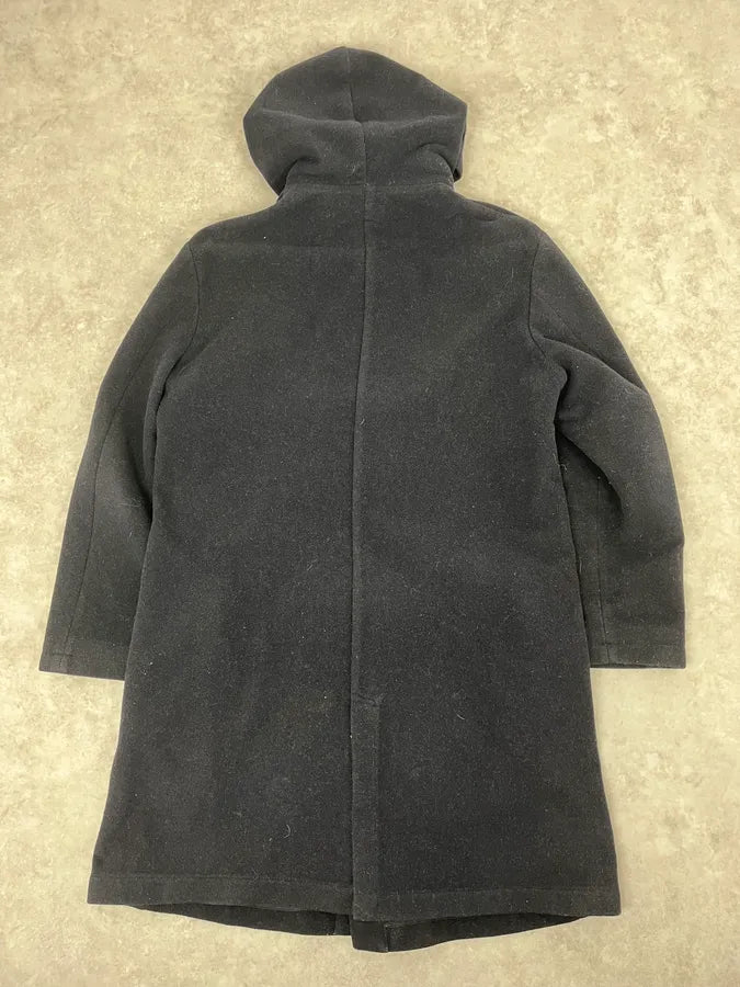 1990s Armani Navy Wool Hooded Trench Coat XwNXBcQ 5