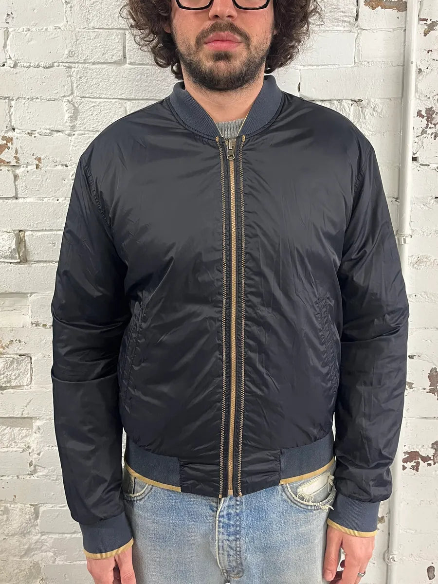 1990s Armani Reversible Beige & Navy Nylon Bomber Jacket YlIInNv 1