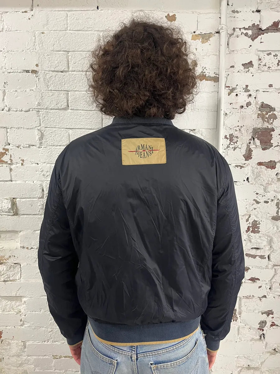 1990s Armani Reversible Beige & Navy Nylon Bomber Jacket YlIInNv 5