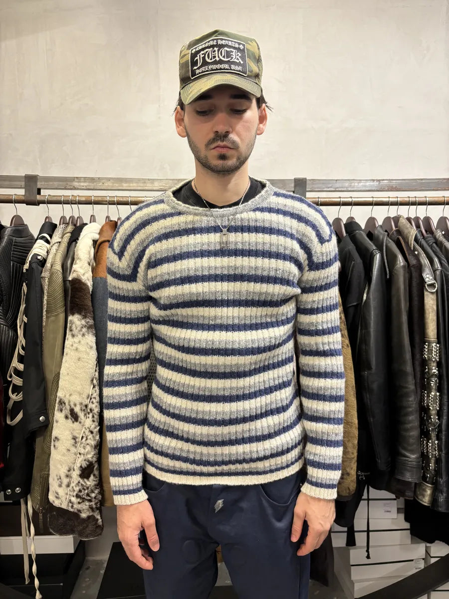 1990s Armani Striped Navy & Grey Sweater qQlAGiw 0