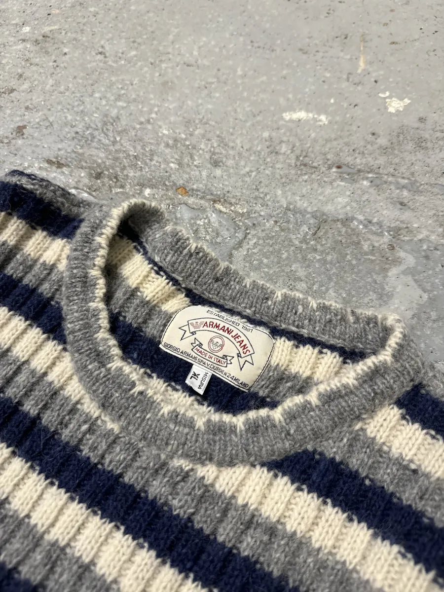 1990s Armani Striped Navy & Grey Sweater qQlAGiw 8