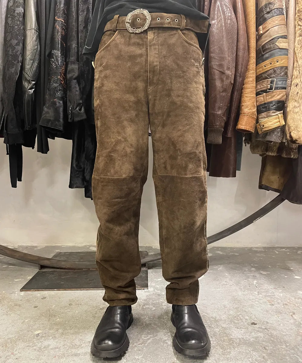 1990s Artisanal Brown Suede Leather Embellished Pants (L) DanCNRB 0