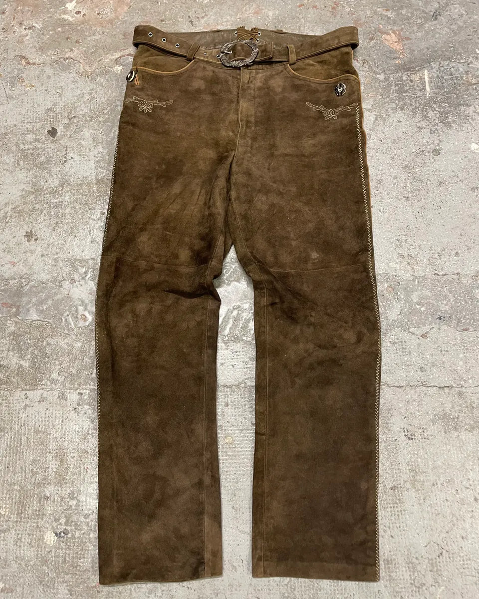 1990s Artisanal Brown Suede Leather Embellished Pants (L) DanCNRB 1