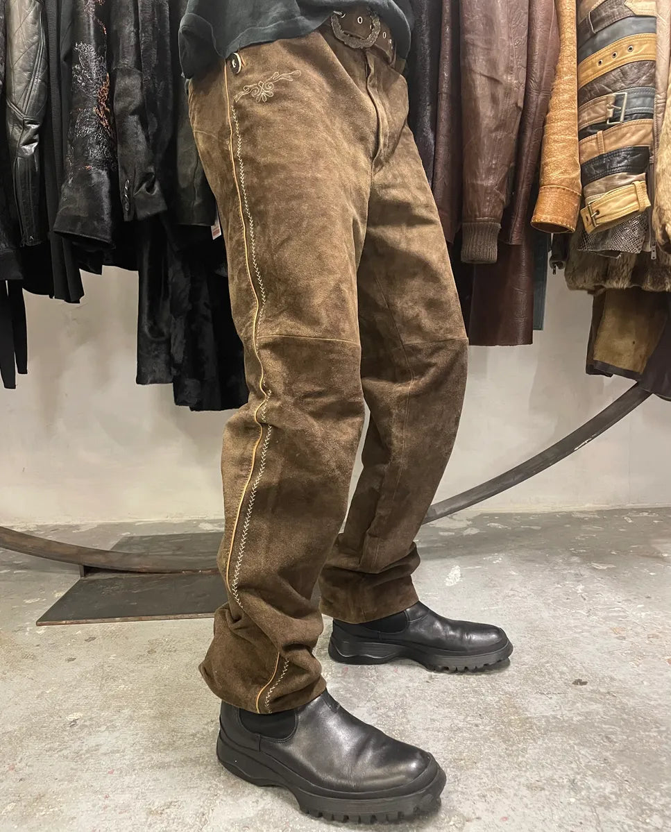 1990s Artisanal Brown Suede Leather Embellished Pants (L) DanCNRB 2