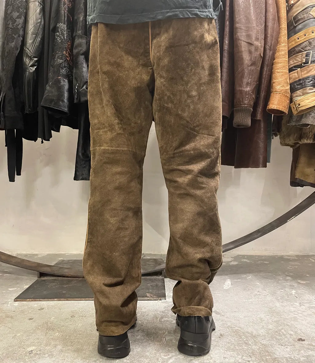 1990s Artisanal Brown Suede Leather Embellished Pants (L) DanCNRB 3
