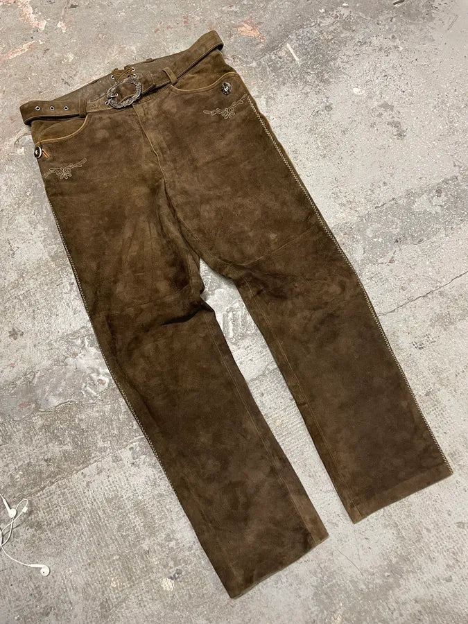 1990s Artisanal Brown Suede Leather Embellished Pants (L) DanCNRB 4