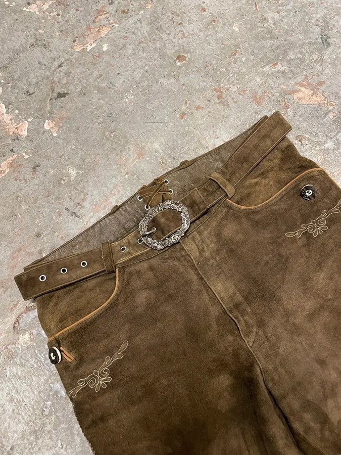 1990s Artisanal Brown Suede Leather Embellished Pants (L) DanCNRB 5