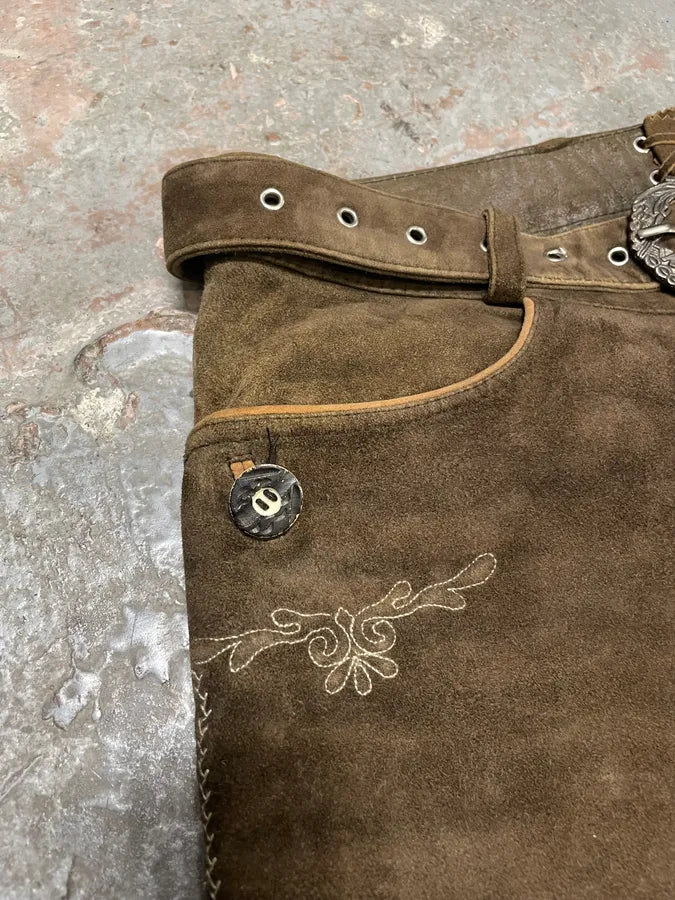 1990s Artisanal Brown Suede Leather Embellished Pants (L) DanCNRB 8