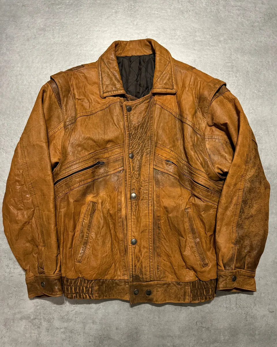 1990s Artisanal French Eroded Brown Leather Jacket with Detachable Sleeves pBeRCLx 0