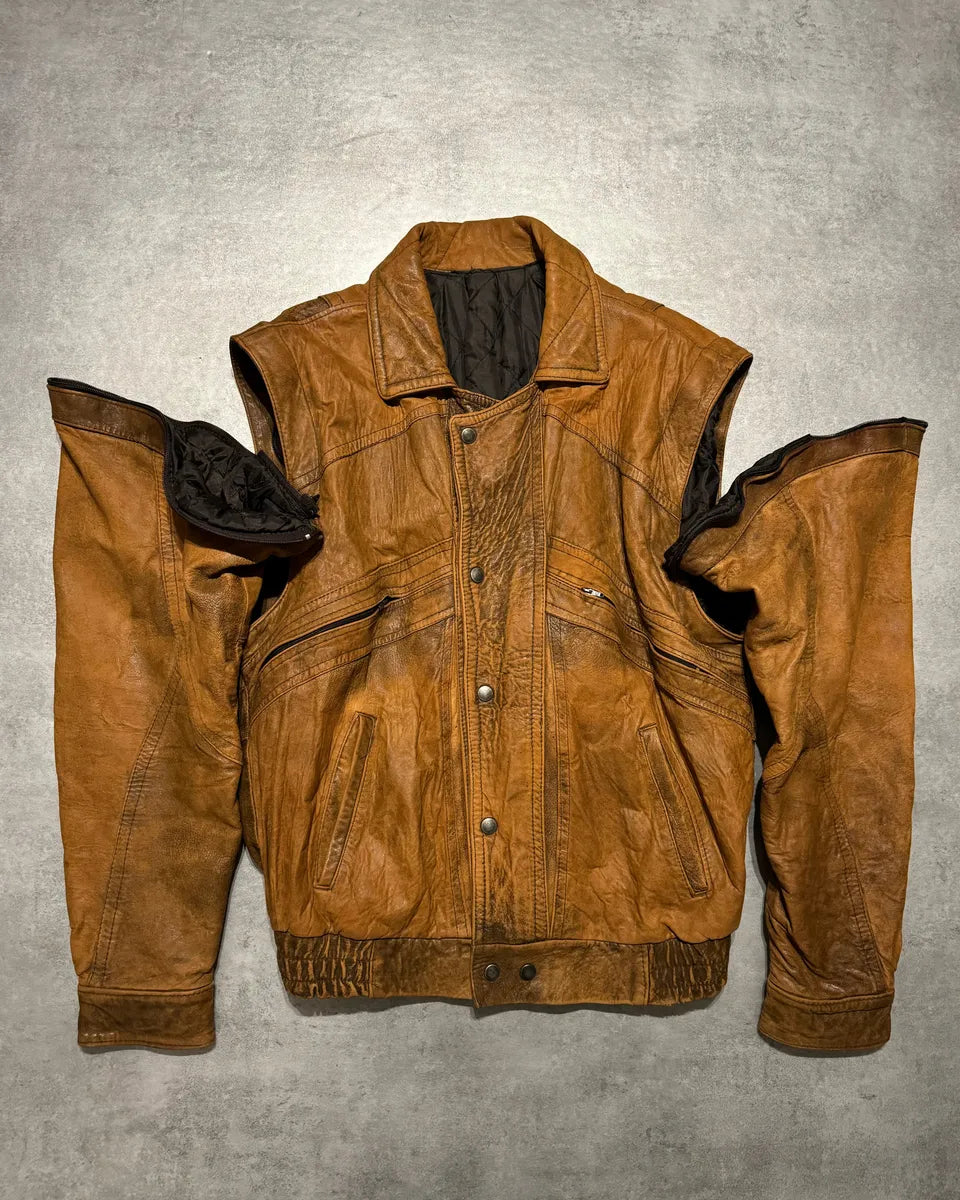 1990s Artisanal French Eroded Brown Leather Jacket with Detachable Sleeves pBeRCLx 1