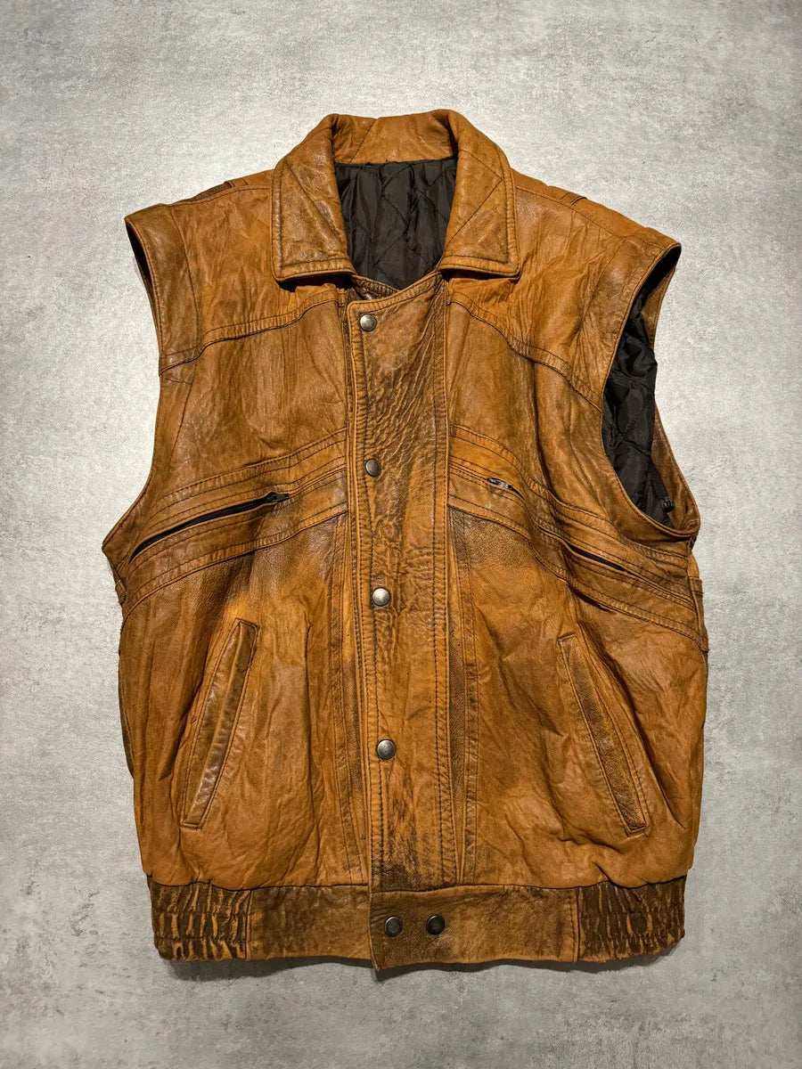 1990s Artisanal French Eroded Brown Leather Jacket with Detachable Sleeves pBeRCLx 5