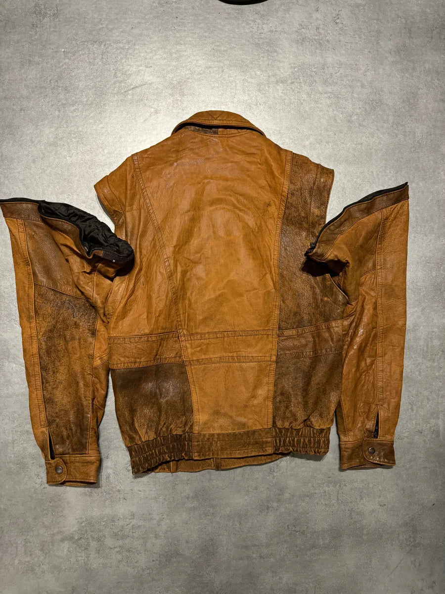 1990s Artisanal French Eroded Brown Leather Jacket with Detachable Sleeves pBeRCLx 6