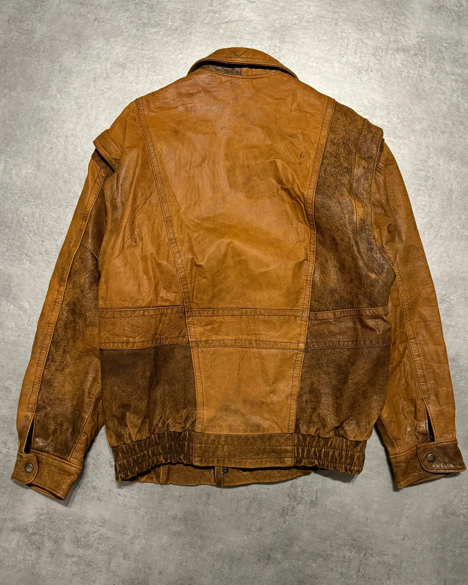 1990s Artisanal French Eroded Brown Leather Jacket with Detachable Sleeves pBeRCLx 7